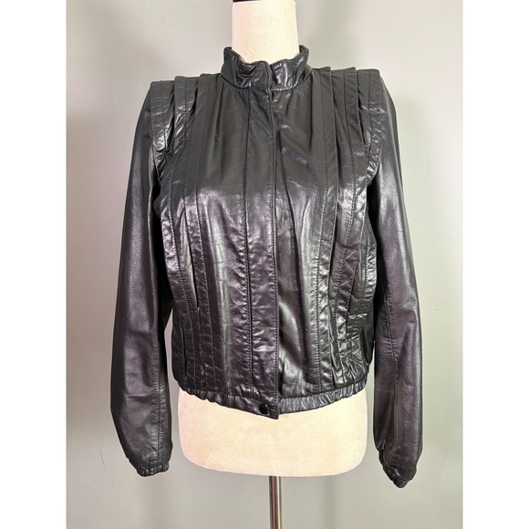 Jackets & Blazers - Vintage 80s Leather Bomber Jacket Women XS Black Pleated Moto Biker Powerful Zip